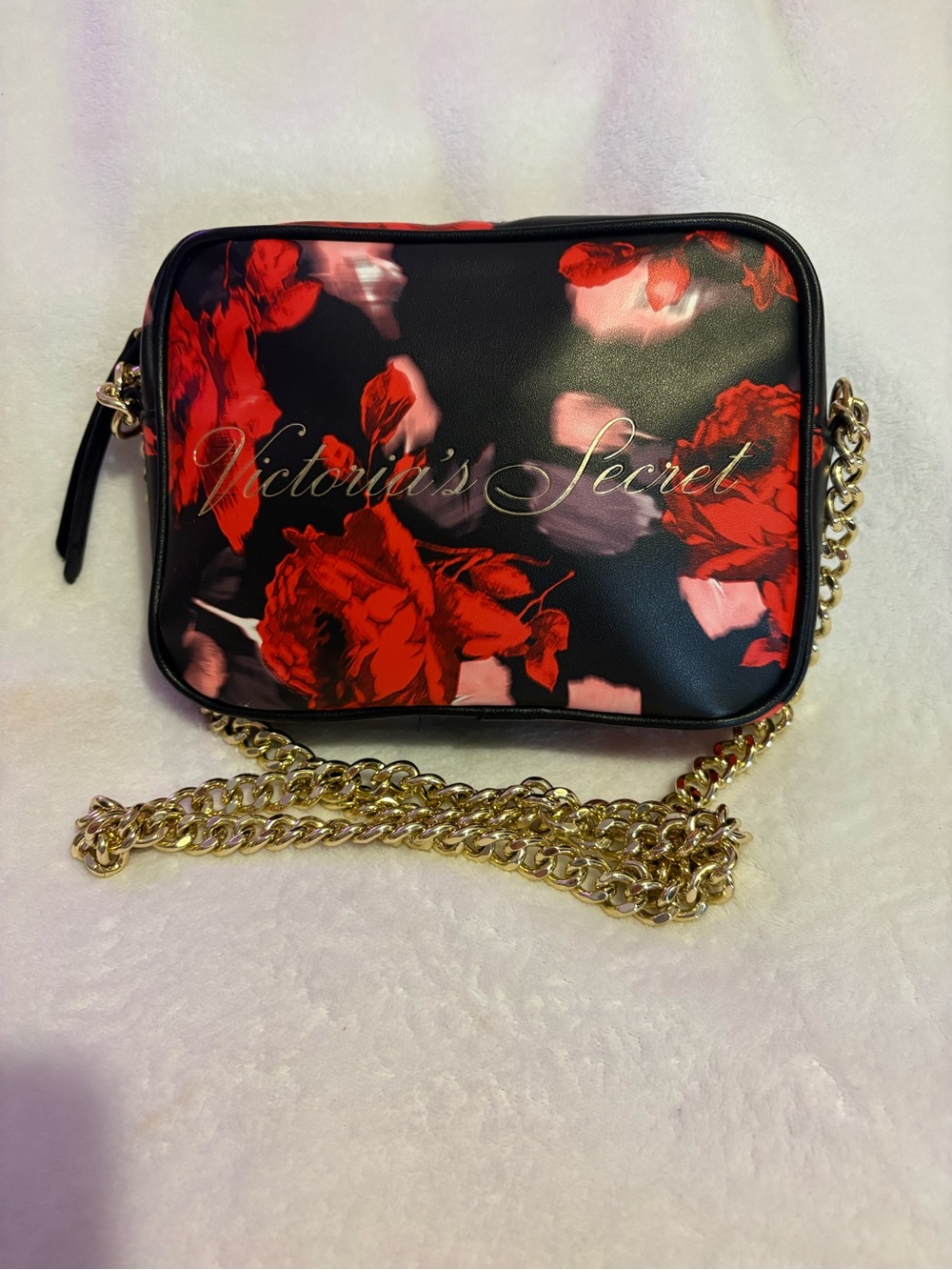Victoria's Secret Black Floral Crossbody with Gold Chain